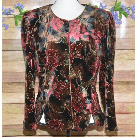 Vintage R&K Floral Velvet Gold Metallic Evening Jacket Womens Size 12 Holiday - Picture 1 of 11